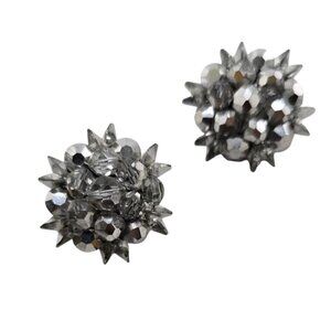 Vintage Silvertone Rhinestone & Crystal Clip Earrings (A8018)